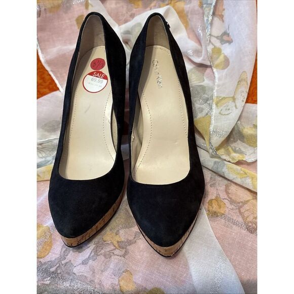 NWT Calvin Klein Black Suede Round Toe Cork Platform 5 in Heels Size 8.5 - Picture 8 of 12